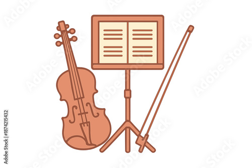 Violin with a music stand and sheet music in a rehearsal setting for music practice
