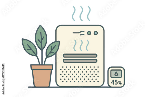Home humidifier adds moisture to air while a plant grows nearby and a hygrometer shows the humidity level