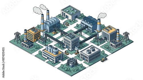 Isometric depiction of industrial factories connected by roads and bridges in a stylized city setting