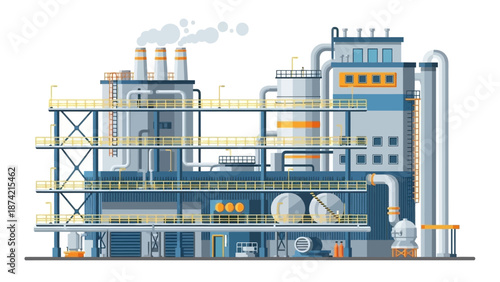 Modern industrial facility with smoking chimneys and advanced manufacturing infrastructure