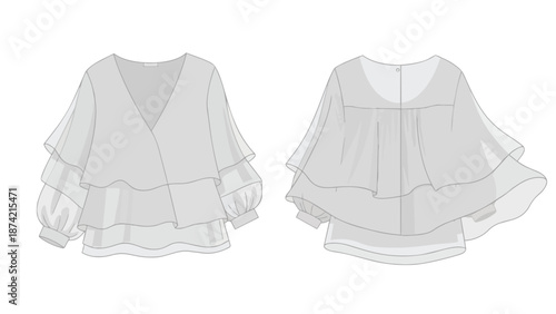 Fashion design sketch of a layered ruffled blouse showcasing front and back views with detailed sleeve construction and neckline variations for