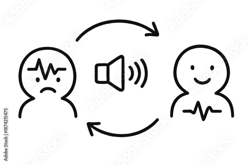 Effects of sound waves on emotions shown with symbols of happy and sad faces