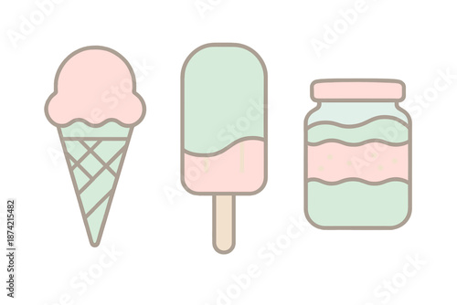 Various frozen desserts including ice cream cone, popsicle, and jar of sauce on a white background