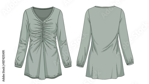 Fashion illustration of a ruched front v-neck long sleeve tunic presented in front and back views
