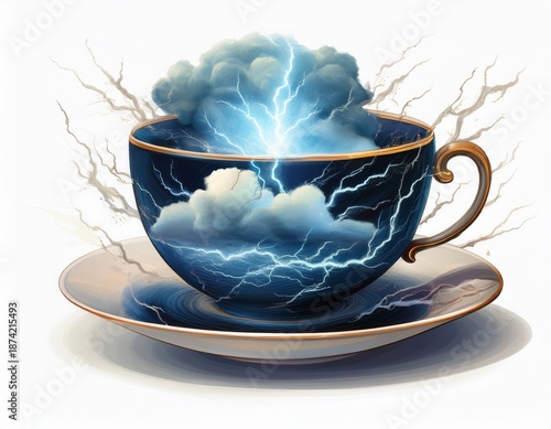 surreal concept of a storm in a teacup with clouds and lightning isolated on a white background