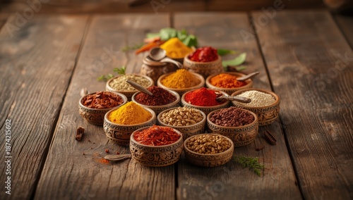 Variety of spices in wooden...