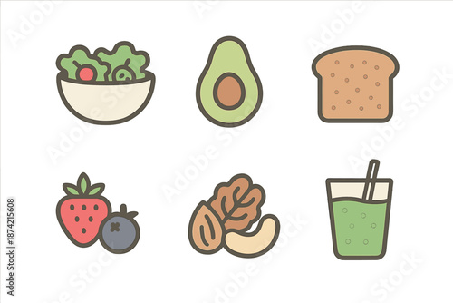 Healthy food items shown with salad, avocado, bread, berries, nuts, and green drink