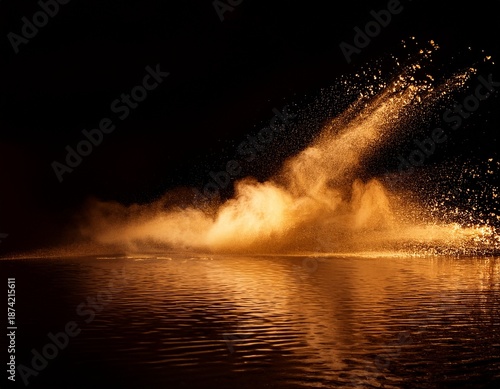 golden powder cloud over a dark water surface