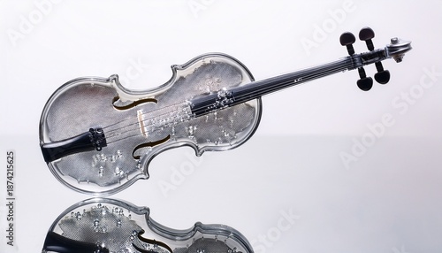 a glass violin filled with sparkling water and bubbles with a reflection on a white background