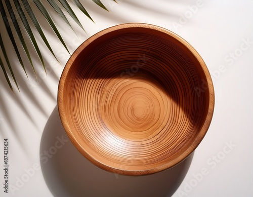 wooden bowl on a white surface the bowl is empty and is placed in the center of the image the background is a plain white wall with a shadow of a palm tree on the right side