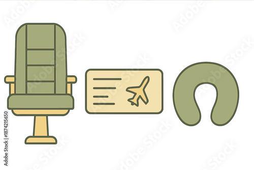 Preparing for a flight with travel essentials like a seat, boarding pass, and neck pillow