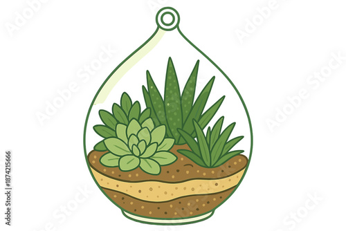 Terrarium with various plants and soil arranged in a glass container located indoors during daytime