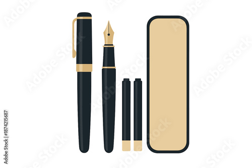 Elegant black fountain pen with accessories in a simple layout on white background for writing enthusiasts