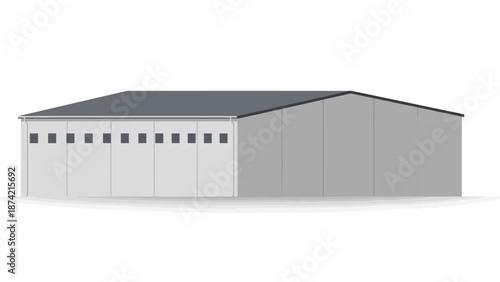 Commercial building with multiple garage doors and windows on a white background