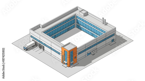 Modern industrial building with a loading dock and a truck, representing logistics and business operations in a clean, isometric view
