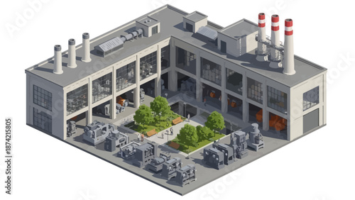 Isometric view of an industrial factory building with machinery, green courtyard, and smokestacks