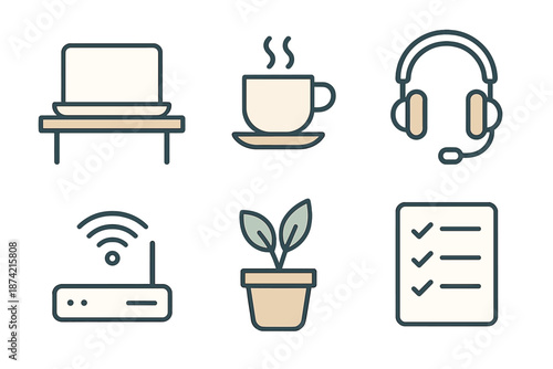 Workspace setup with laptop, cup of coffee, headset, and checklist on table