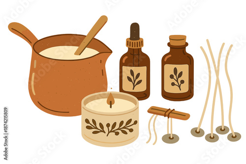 Crafting candles and essential oils in a creative space with tools, containers, and raw materials for DIY projects at home