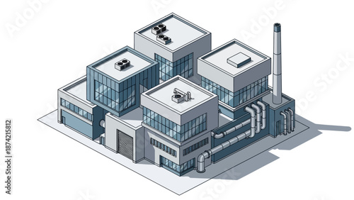 Isometric illustration of a modern industrial complex with multiple buildings, large windows, and a prominent smokestack, rendered in a clean, stylized graphic art