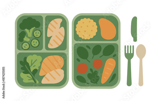 Fresh meal with chicken, vegetables, and grains served in a divided tray during lunchtime at a kitchen table
