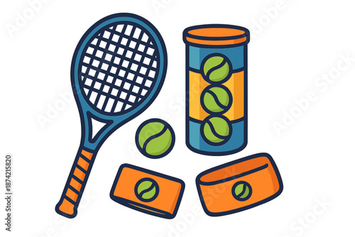 Tennis racket and balls with can and wrist bands on a white background during a sport activity