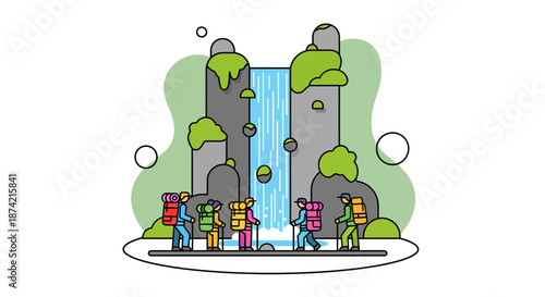 Group of People Visiting Waterfall in Nature.