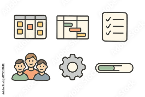 Work tools for project management with charts, lists, and group icons in a clear design for easy understanding and use