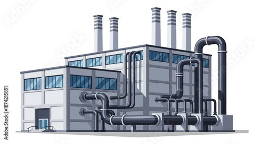 Industrial factory building with numerous pipes and chimneys, symbolizing manufacturing and production processes