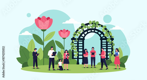 Group of People Standing Near Garden Archway Outdoors.