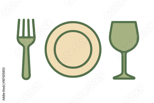 Fork, plate, and glass are placed together on a white background for a meal setup in a dining context