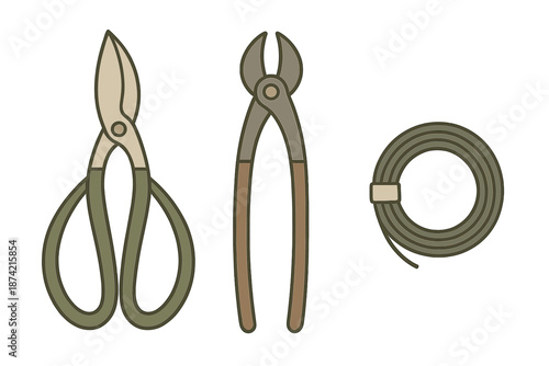 Garden tools for trimming and crafting displayed on a flat surface in a workshop setting during daytime hours