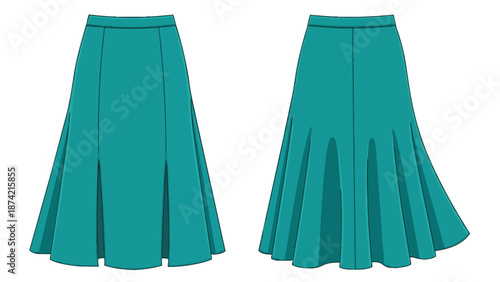 Elegant teal skirt designs front and back views showcasing graceful pleats and flowing silhouette