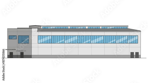 Modern industrial building exterior with large windows and skylights, architectural illustration of a contemporary warehouse or factory