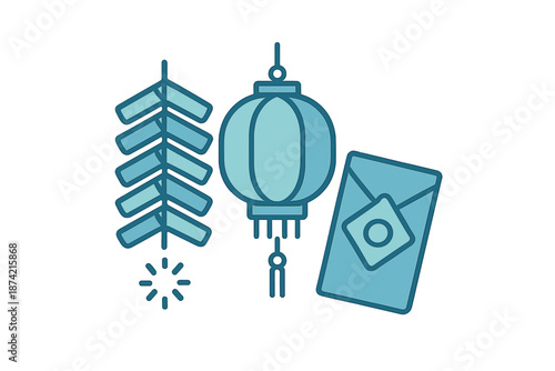 Decorative items for a cultural festival with symbols of celebration and tradition displayed together in a simple arrangement