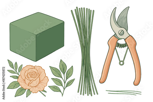 Tools for flower arrangement including pruning shears, floral foam, stems, and rose with leaves