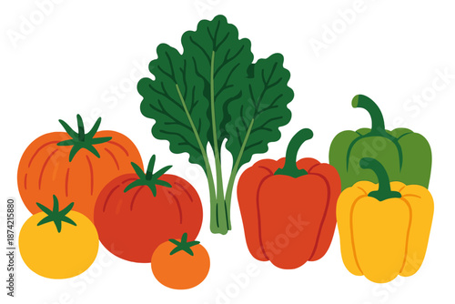 Fresh vegetables arranged in a simple layout featuring tomatoes, peppers, and leafy greens on a white background