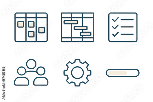 Symbols representing project management tools and methods used in planning and organizing tasks