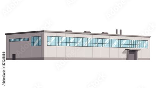 Modern Industrial Building with Large Windows and Multiple Exhaust Stacks, Suitable for Manufacturing or Warehouse Operations