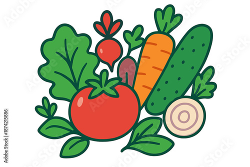 Fresh vegetables include tomato, cucumber, carrot, radish, and onion arranged with green leaves in a simple design