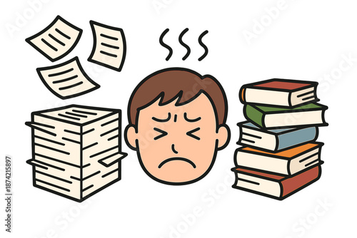 Feeling stressed from too many papers and books during a busy study session at home
