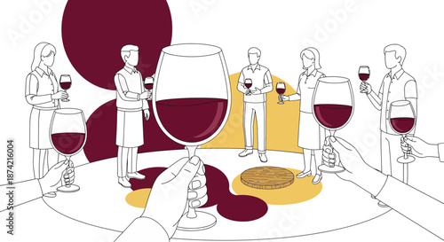 Illustration of People Holding Red Wine Glasses.