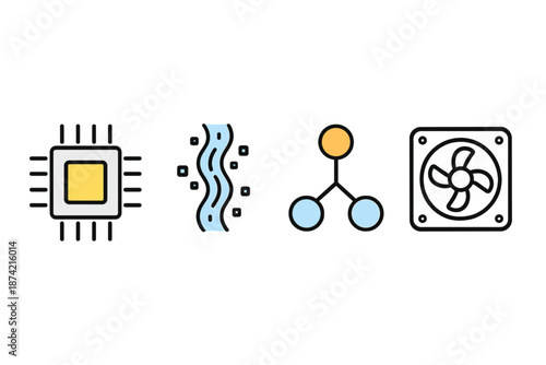 Different electronic components and symbols arranged in a row showing circuit, water flow, atom model, and fan design