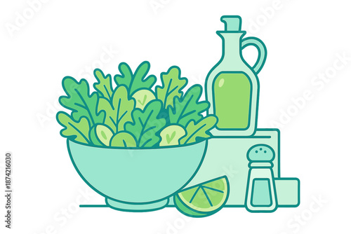 Fresh greens and dressing sit on a table ready for a healthy meal preparation