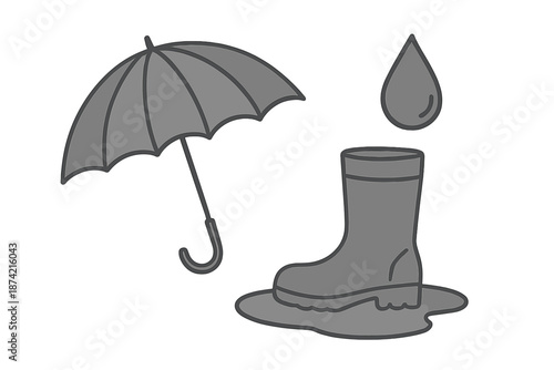 Umbrella and rain boot by a puddle with a drop of water falling on it during a rainy day