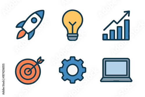 Symbols of innovation and progress showing a rocket, light bulb, chart, target, gear, and laptop for technology themes