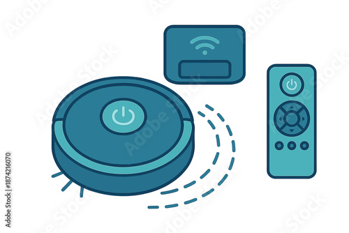 Robot vacuum cleaner with remote control and smart device on a light background showing cleaning technology in the home
