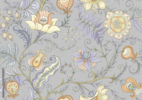 Botanical floral seamless ornament. Vintage hand drawn pattern with ornate garden flowers, leaves and intricate decorative swirls for textile wallpaper. Classic elegant motif design.