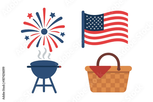 Fireworks, grill, American flag, and picnic basket with a red checkered cloth for a summer celebration in the United States