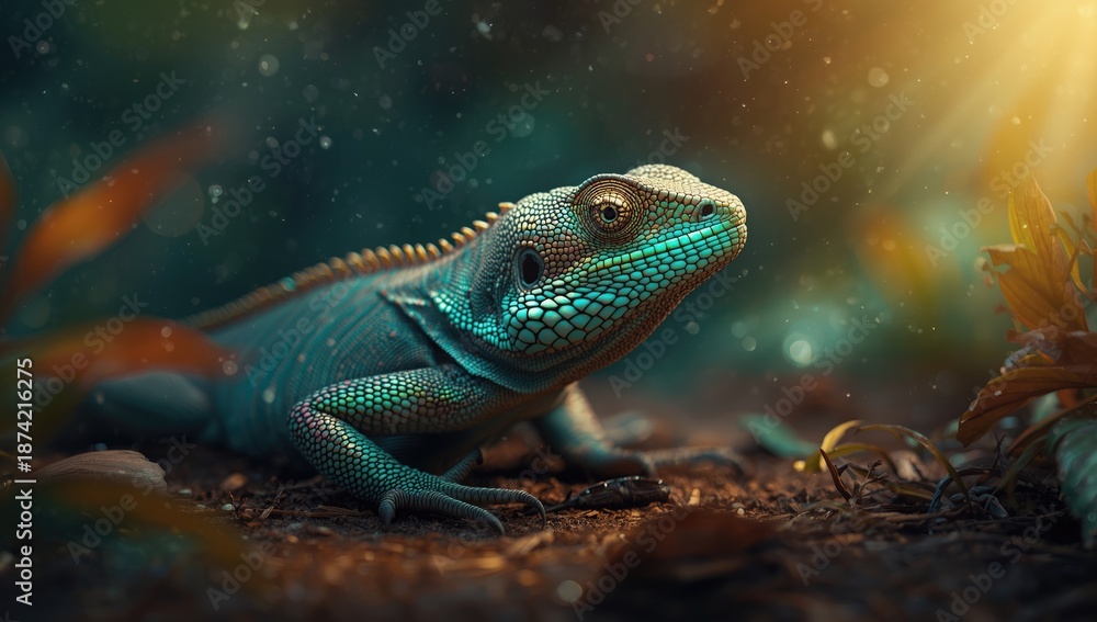 Fototapeta premium Colorful lizard with detailed textured scales, ideal for wildlife text layout