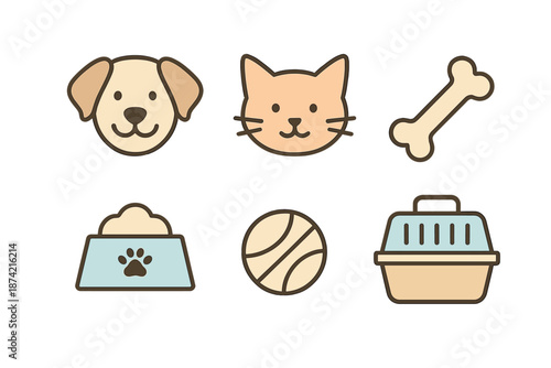Dog and cat icons showing food, toys, and a pet carrier in a simple design style